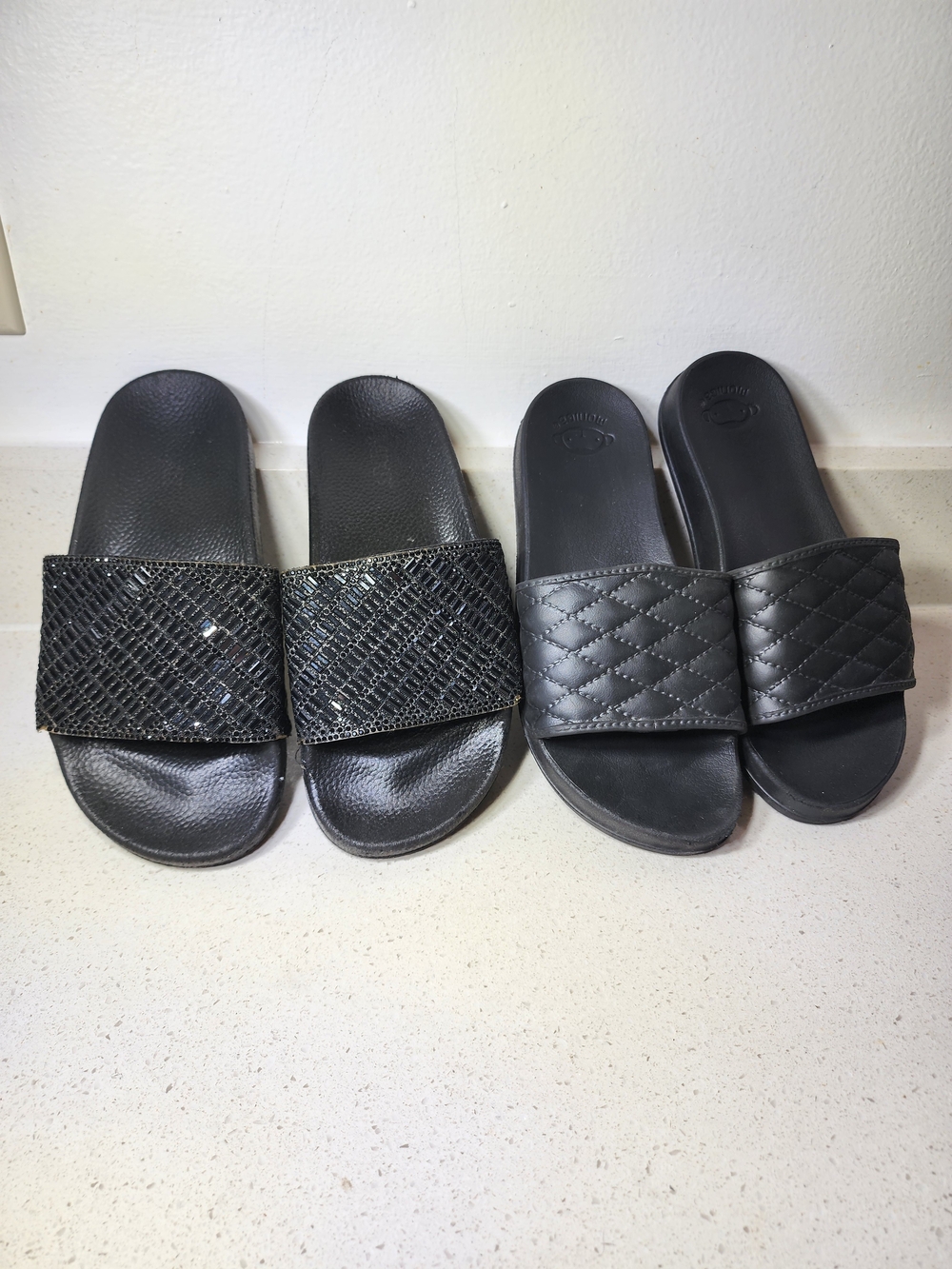 2 Pair Black Quilted and Beaded Slides Sandals - Women's Casual Slides SZ 6